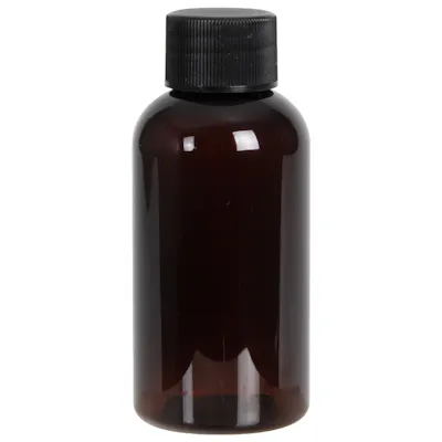 2 oz. Light Amber PET Traditional Boston Round Bottle with 20/410 Black Ribbed Cap with F217 Liner
