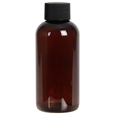 4 oz. Light Amber PET Traditional Boston Round Bottle with 24/410 Black Ribbed Cap with F217 Liner