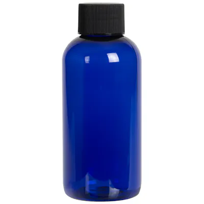 4 oz. Cobalt Blue PET Traditional Boston Round Bottle with 24/410 Black Ribbed Cap with F217 Liner