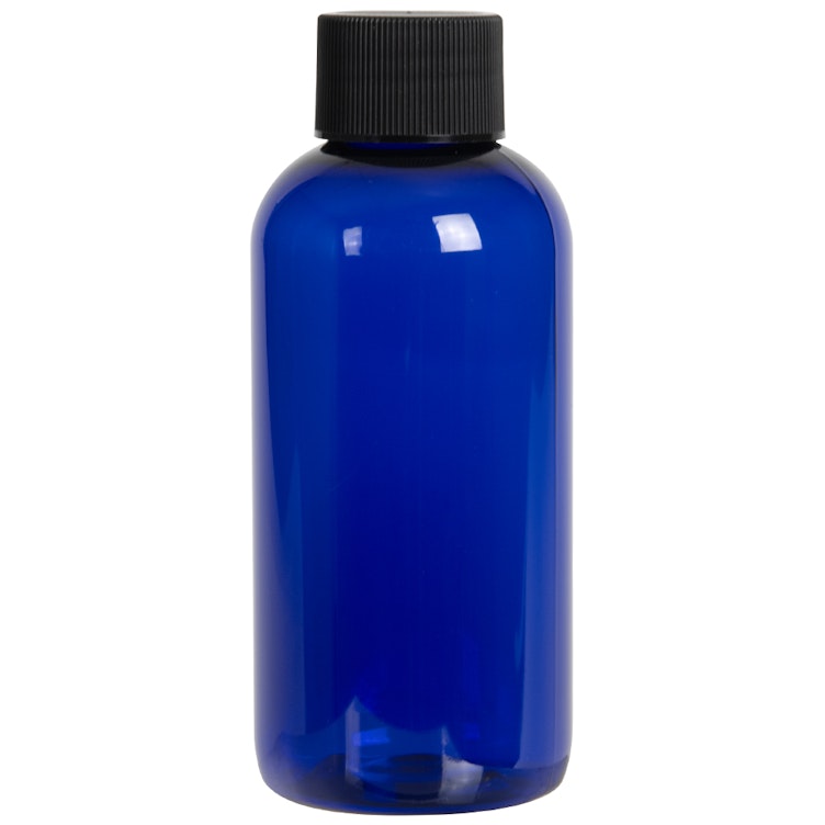 4 oz. Cobalt Blue PET Traditional Boston Round Bottle with 24/410 Black Ribbed Cap with F217 Liner