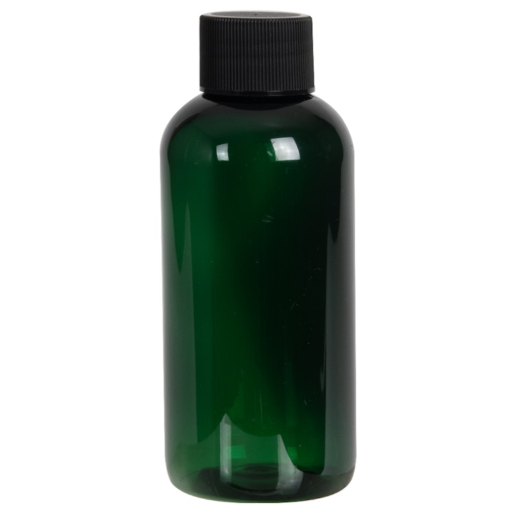 4 oz. Dark Green PET Traditional Boston Round Bottle with 24/410 Black Ribbed Cap with F217 Liner