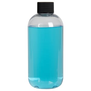 8 oz. Clear PET Traditional Boston Round Bottle with 24/410 Black Ribbed Cap with F217 Liner