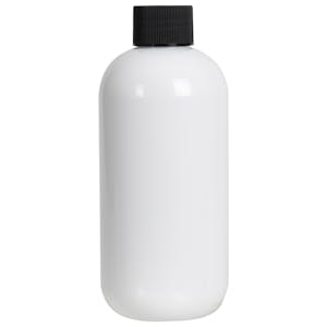 8 oz. White PET Traditional Boston Round Bottle with 24/410 Black Ribbed Cap with F217 Liner