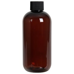 8 oz. Light Amber PET Traditional Boston Round Bottle with 24/410 Black Ribbed Cap with F217 Liner