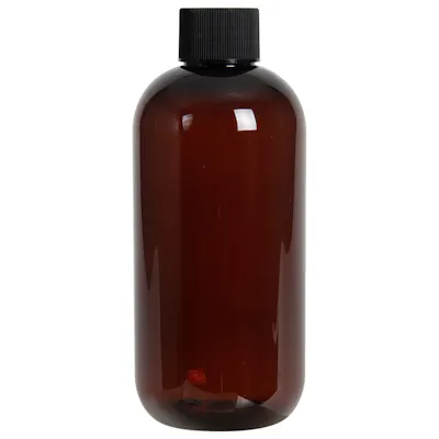 8 oz. Light Amber PET Traditional Boston Round Bottle with 24/410 Black Ribbed Cap with F217 Liner
