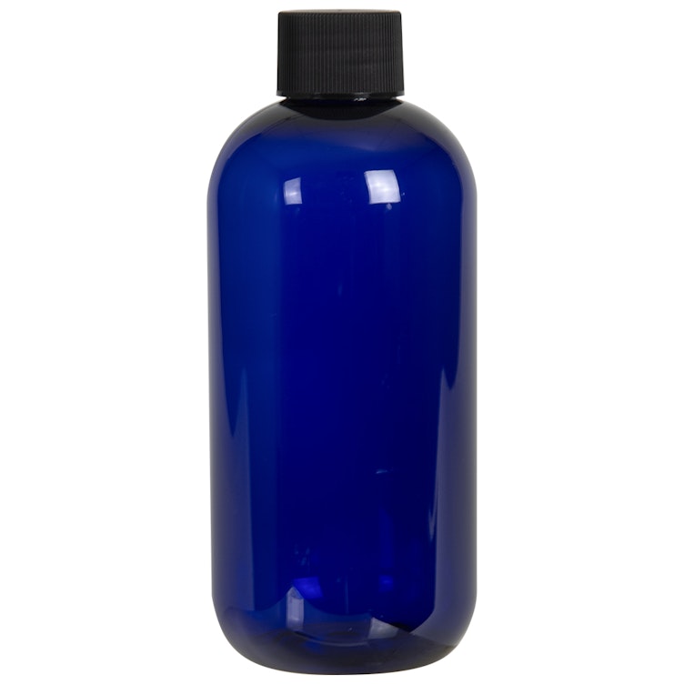 8 oz. Cobalt Blue PET Traditional Boston Round Bottle with 24/410 Black Ribbed Cap with F217 Liner