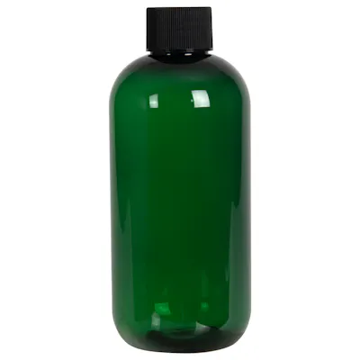 8 oz. Dark Green PET Traditional Boston Round Bottle with 24/410 Black Ribbed Cap with F217 Liner