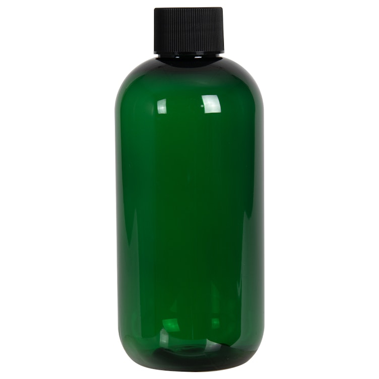 12 oz. Dark Green PET Traditional Boston Round Bottle with 24/410 Black Ribbed Cap with F217 Liner