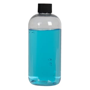 12 oz. Clear PET Traditional Boston Round Bottle with 24/410 Black Ribbed Cap with F217 Liner