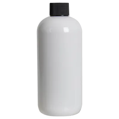 12 oz. White PET Traditional Boston Round Bottle with 24/410 Black Ribbed Cap with F217 Liner