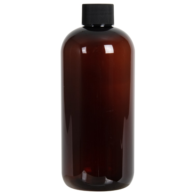 12 oz. Light Amber PET Traditional Boston Round Bottle with 24/410 Black Ribbed Cap with F217 Liner