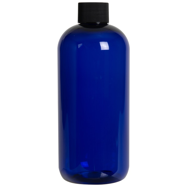 12 oz. Cobalt Blue PET Traditional Boston Round Bottle with 24/410 Black Ribbed Cap with F217 Liner