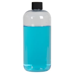 16 oz. Clear PET Traditional Boston Round Bottle with 24/410 Black Ribbed Cap with F217 Liner