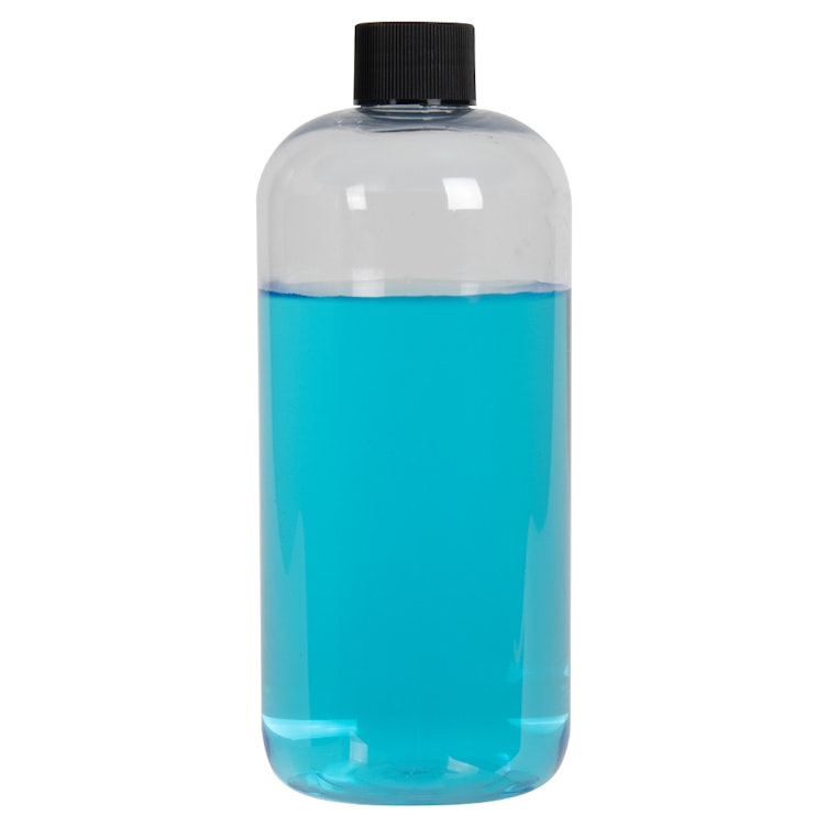 16 oz. Clear PET Traditional Boston Round Bottle with 24/410 Black Ribbed Cap with F217 Liner