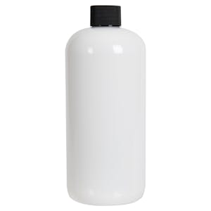 16 oz. White PET Traditional Boston Round Bottle with 24/410 Black Ribbed Cap with F217 Liner