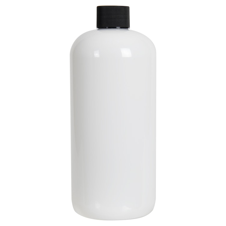 16 oz. White PET Traditional Boston Round Bottle with 24/410 Black Ribbed Cap with F217 Liner