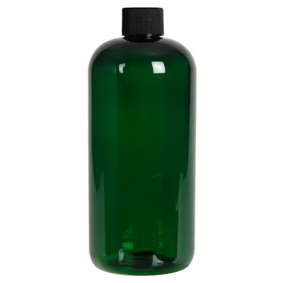 16 oz. Dark Green PET Traditional Boston Round Bottle with 24/410 Black Ribbed Cap with F217 Liner