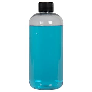 16 oz. Clear PET Traditional Boston Round Bottle with 28/410 Black Ribbed Cap with F217 Liner