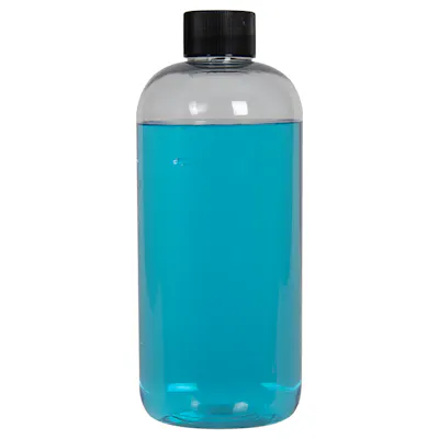 16 oz. Clear PET Traditional Boston Round Bottle with 28/410 Black Ribbed Cap with F217 Liner
