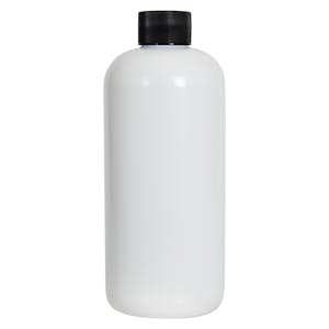 16 oz. White PET Traditional Boston Round Bottle with 28/410 Black Ribbed Cap with F217 Liner