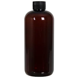 16 oz. Light Amber PET Traditional Boston Round Bottle with 28/410 Black Ribbed Cap with F217 Liner
