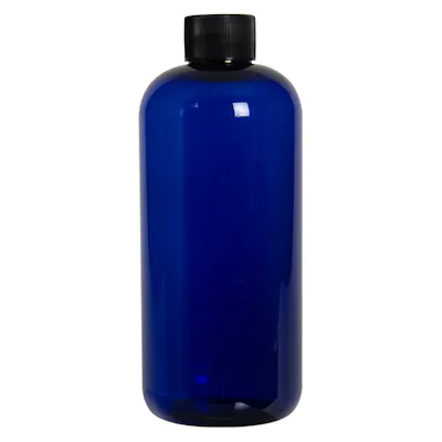 16 oz. Cobalt Blue PET Traditional Boston Round Bottle with 28/410 Black Ribbed Cap with F217 Liner