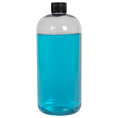 32 oz. Clear PET Traditional Boston Round Bottle with 28/410 Black Ribbed Cap with F217 Liner