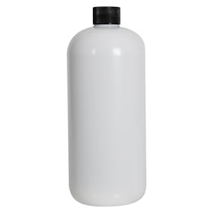 32 oz. White PET Traditional Boston Round Bottle with 28/410 Black Ribbed Cap with F217 Liner