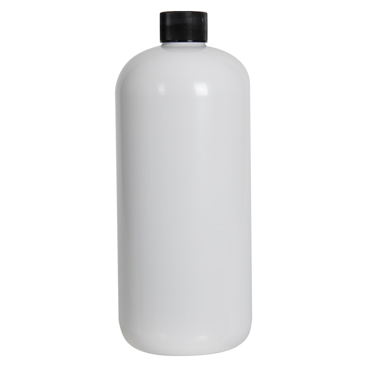 32 oz. White PET Traditional Boston Round Bottle with 28/410 Black Ribbed Cap with F217 Liner
