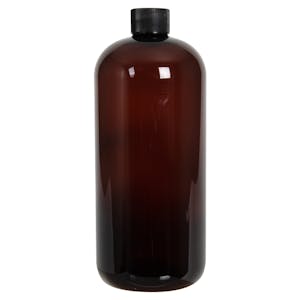 32 oz. Light Amber PET Traditional Boston Round Bottle with 28/410 Black Ribbed Cap with F217 Liner