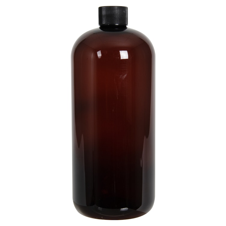 32 oz. Light Amber PET Traditional Boston Round Bottle with 28/410 Black Ribbed Cap with F217 Liner