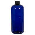 32 oz. Cobalt Blue PET Traditional Boston Round Bottle with 28/410 Black Ribbed Cap with F217 Liner
