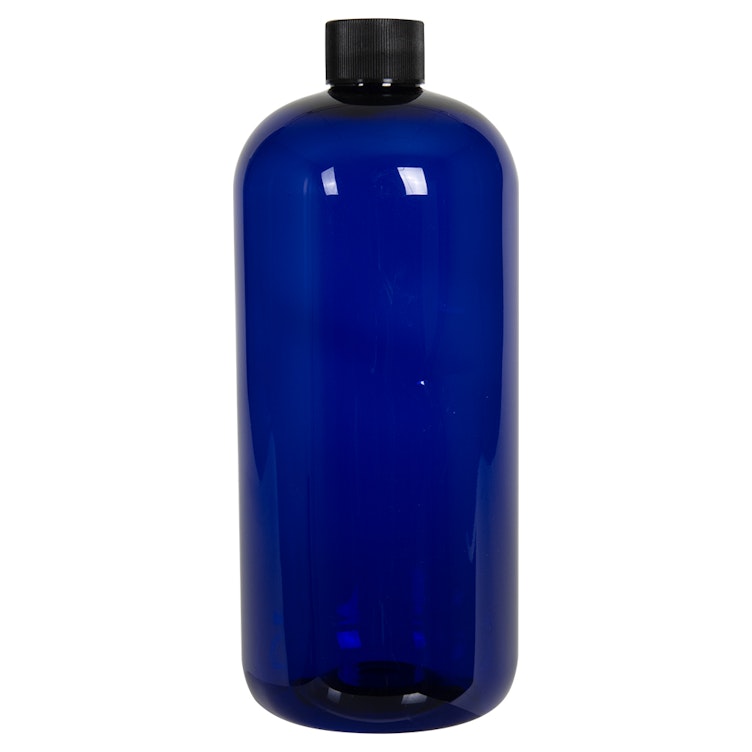 32 oz. Cobalt Blue PET Traditional Boston Round Bottle with 28/410 Black Ribbed Cap with F217 Liner