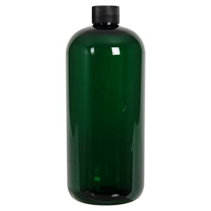32 oz. Dark Green PET Traditional Boston Round Bottle with 28/410 Black Ribbed Cap with F217 Liner