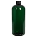 32 oz. Dark Green PET Traditional Boston Round Bottle with 28/410 Black Ribbed Cap with F217 Liner