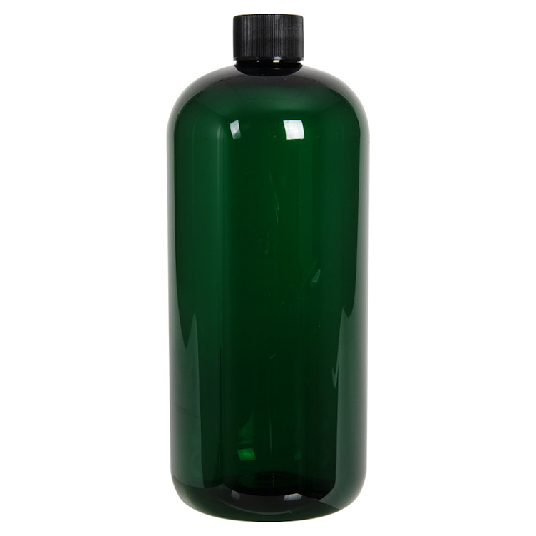 32 oz. Dark Green PET Traditional Boston Round Bottle with 28/410 Black Ribbed Cap with F217 Liner