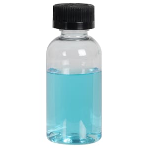2 oz. Clear PET Traditional Boston Round Bottle with 20/400 Black Ribbed CRC Cap with F217 Liner