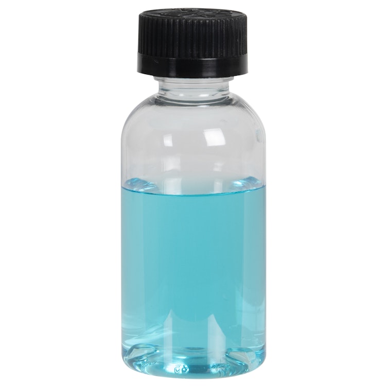 2 oz. Clear PET Traditional Boston Round Bottle with 20/400 Black Ribbed CRC Cap with F217 Liner