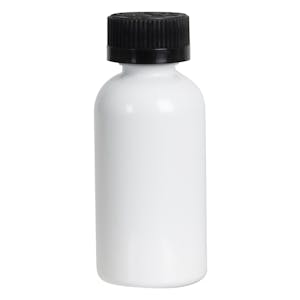 2 oz. White PET Traditional Boston Round Bottle with 20/400 Black Ribbed CRC Cap with F217 Liner