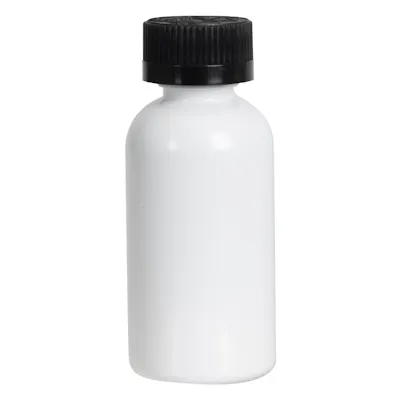 2 oz. White PET Traditional Boston Round Bottle with 20/400 Black Ribbed CRC Cap with F217 Liner