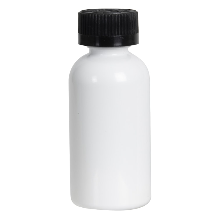 2 oz. White PET Traditional Boston Round Bottle with 20/400 Black Ribbed CRC Cap with F217 Liner