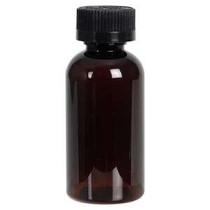 2 oz. Light Amber PET Traditional Boston Round Bottle with 20/400 Black Ribbed CRC Cap with F217 Liner
