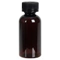 2 oz. Light Amber PET Traditional Boston Round Bottle with 20/400 Black Ribbed CRC Cap with F217 Liner
