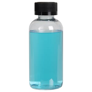 4 oz. Clear PET Traditional Boston Round Bottle with 24/400 Black Ribbed CRC Cap with F217 Liner