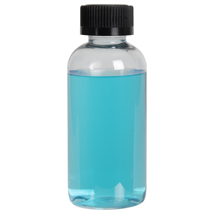 4 oz. Clear PET Traditional Boston Round Bottle with 24/400 Black Ribbed CRC Cap with F217 Liner