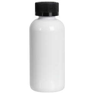 4 oz. White PET Traditional Boston Round Bottle with 24/400 Black Ribbed CRC Cap with F217 Liner