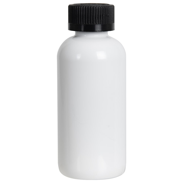 4 oz. White PET Traditional Boston Round Bottle with 24/400 Black Ribbed CRC Cap with F217 Liner