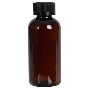 4 oz. Light Amber PET Traditional Boston Round Bottle with 24/400 Black Ribbed CRC Cap with F217 Liner