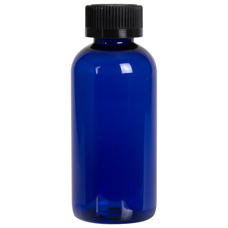 4 oz. Cobalt Blue PET Traditional Boston Round Bottle with 24/400 Black Ribbed CRC Cap with F217 Liner