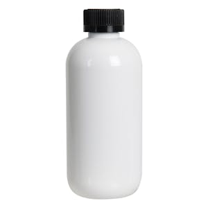 8 oz. White PET Traditional Boston Round Bottle with 24/400 Black Ribbed CRC Cap with F217 Liner